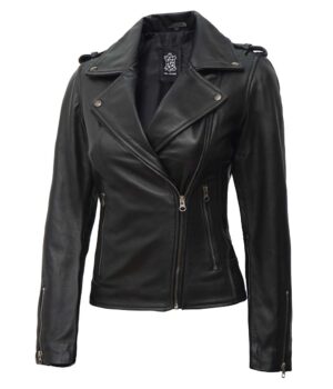 Kirsten Womens Black Leather Biker Jacket