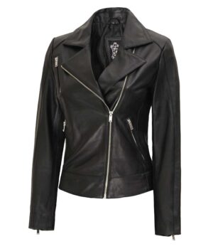 Womens Black Biker Asymmetrical Leather Jacket