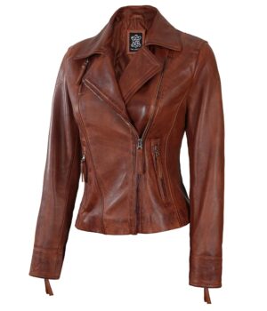 Ramsey Womens Cognac Asymmetrical Leather Jacket