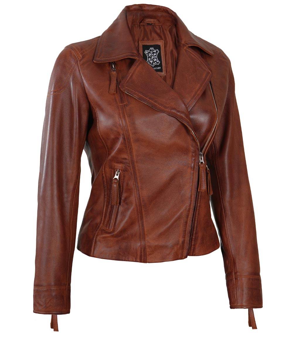 Ramsey Womens Cognac Asymmetrical Leather Jacket Ramsey Womens Cognac Asymmetrical Leather Jacket