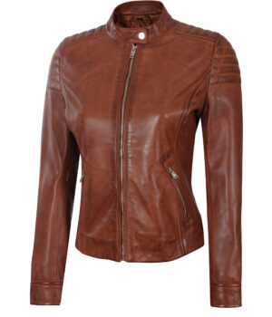Carrie Womens Cognac Slim Fit Leather Jacket 
