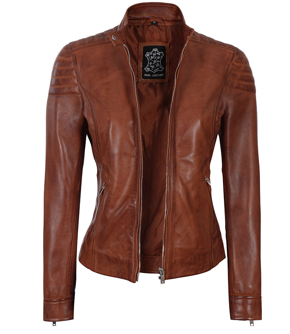 Carrie Womens Cognac Slim Fit Leather Jacket Carrie Womens Cognac Slim Fit Leather Jacket
