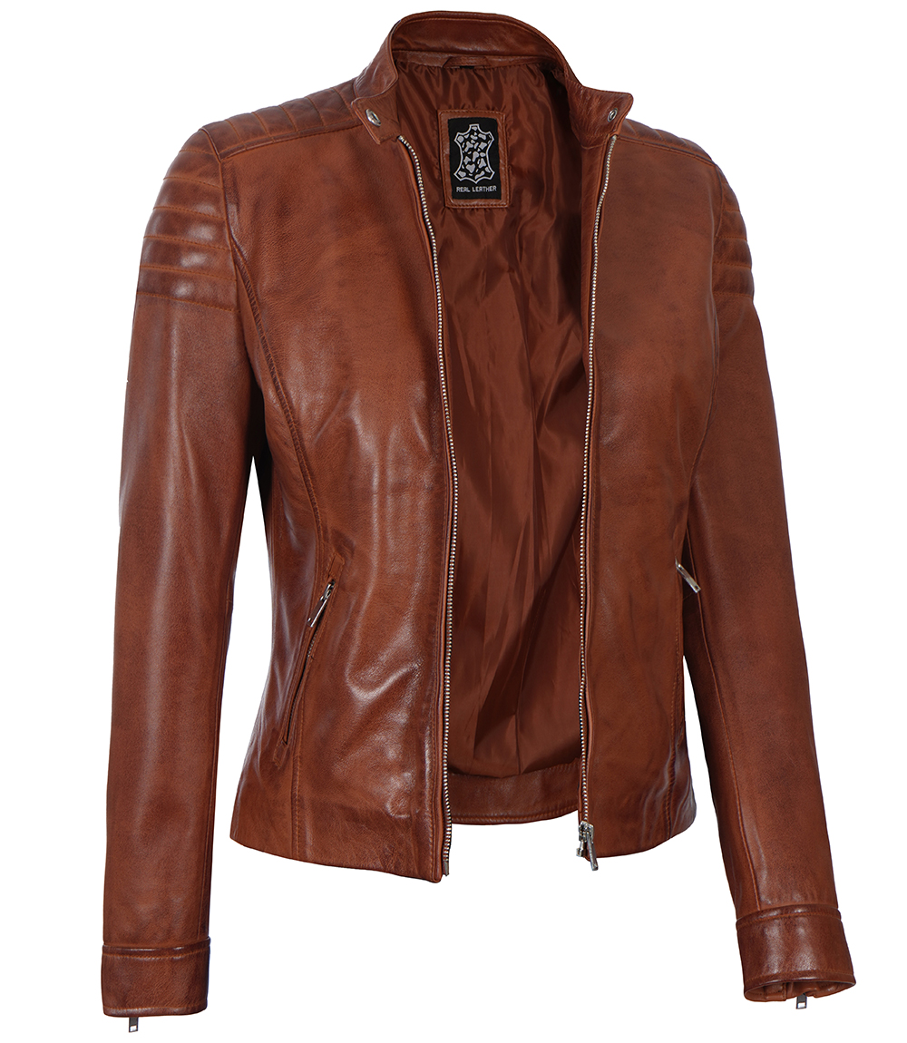 Carrie Womens Cognac Slim Fit Leather Jacket Carrie Womens Cognac Slim Fit Leather Jacket