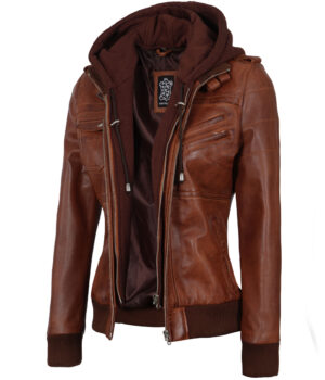 Edinburgh Womens Cognac Leather Hooded Jacket