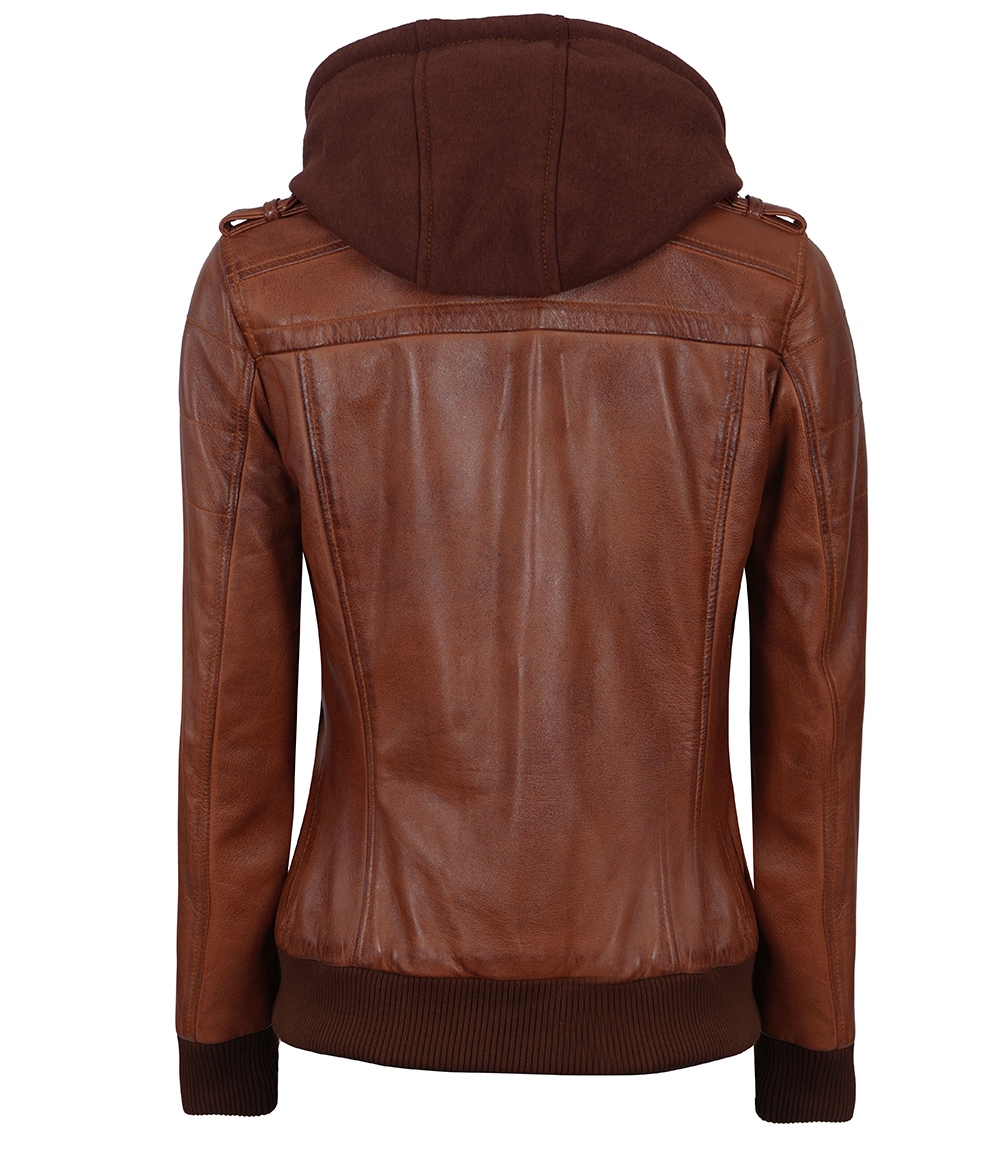Edinburgh Womens Cognac Leather Hooded Jacket Edinburgh Womens Cognac Leather Hooded Jacket