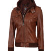 Edinburgh Womens Cognac Leather Hooded Jacket Edinburgh Womens Cognac Leather Hooded Jacket