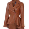 Womens Asymmetrical Peplum Cognac Leather Jacket