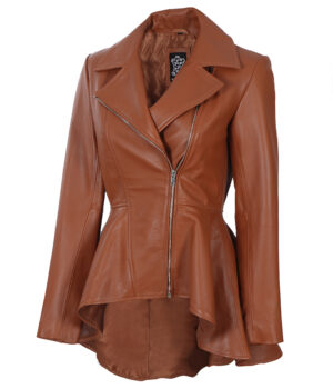 Womens Asymmetrical Peplum Cognac Leather Jacket