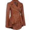 Womens Asymmetrical Peplum Cognac Leather Jacket