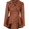 Womens Asymmetrical Peplum Cognac Leather Jacket