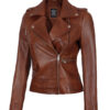 Amber Asymmetrical Cognac Biker Jacket Women