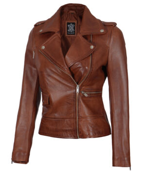 Amber Asymmetrical Cognac Biker Jacket Women