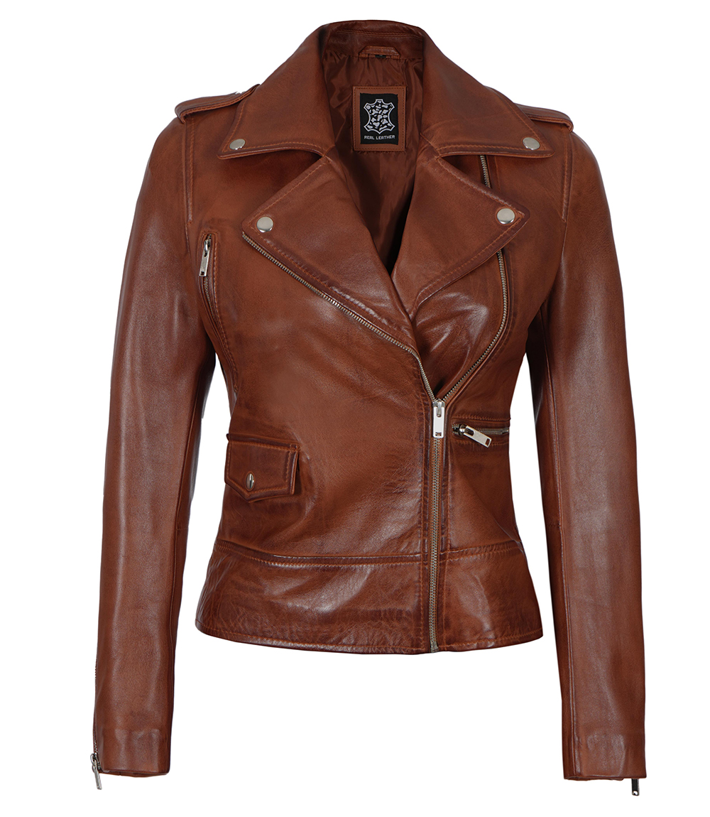 Amber Asymmetrical Cognac Biker Jacket Women Amber Asymmetrical Cognac Biker Jacket Women