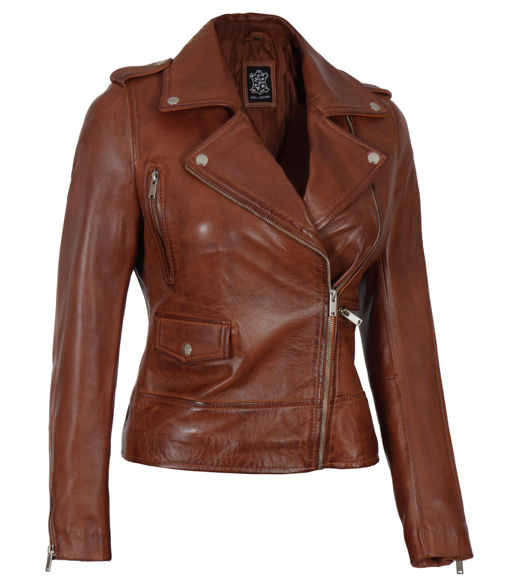Amber Asymmetrical Cognac Biker Jacket Women Amber Asymmetrical Cognac Biker Jacket Women
