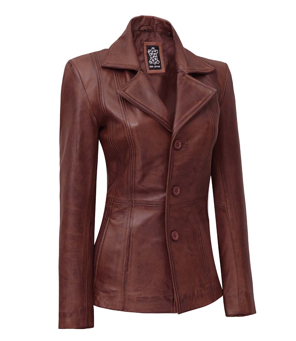 Bitonto Womens Cognac Leather Blazer Bitonto Womens Cognac Leather Blazer