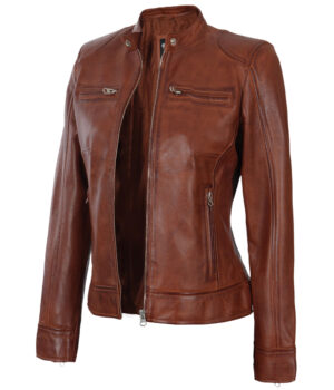 Dodge Womens Cognac Wax Leather Jacket 