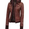 Tralee Womens Dark Brown Bomber Leather Jacket With Removable Hood