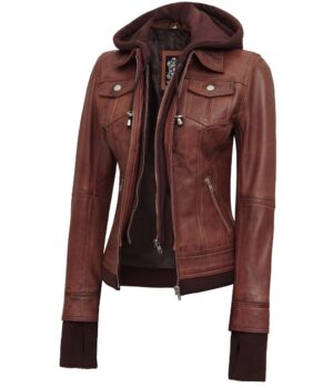 Tralee Womens Dark Brown Bomber Leather Jacket With Removable Hood
