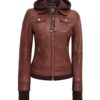 Tralee Womens Dark Brown Bomber Leather Jacket With Removable Hood