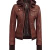 Tralee Womens Dark Brown Bomber Leather Jacket With Removable Hood