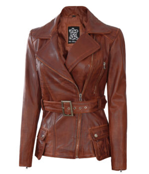 Victoria Womens Cognac Wax Asymmetrical Leather Jacket