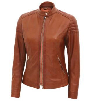 Brown Cafe Racer Leather Jacket Women