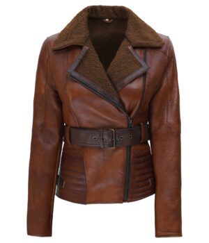 Taylin Brown Sherpa Collar Leather Jacket Womens 
