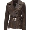 Womens Brown Asymmetrical Distressed Long Leather Jacket