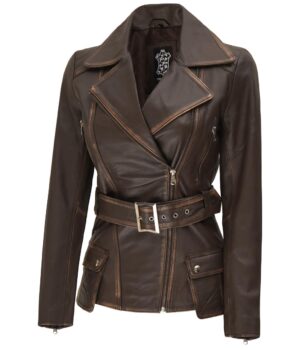 Womens Brown Asymmetrical Distressed Long Leather Jacket