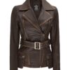 Womens Brown Asymmetrical Distressed Long Leather Jacket