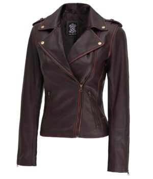Women Asymmetrical Motorcycle Rub Off Dark Brown Leather Jacket