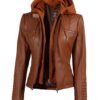 Womens Cognac Leather Jacket With Removable Hood