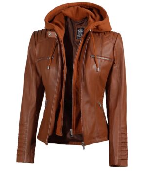 Womens Cognac Leather Jacket With Removable Hood