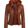 Womens Cognac Leather Jacket With Removable Hood Womens Cognac Leather Jacket With Removable Hood