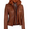 Womens Cognac Leather Jacket With Removable Hood Womens Cognac Leather Jacket With Removable Hood