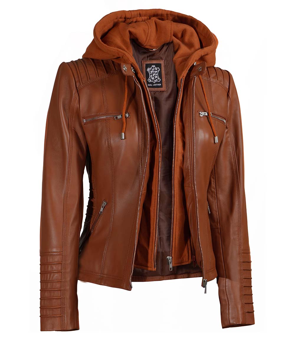 Womens Cognac Leather Jacket With Removable Hood Womens Cognac Leather Jacket With Removable Hood