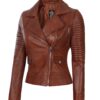 Women Asymmetrical Cognac Wax Biker Quilted Leather Jacket