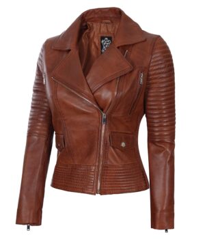Women Asymmetrical Cognac Wax Biker Quilted Leather Jacket
