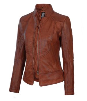 Amy Womens Cognac Fitted Leather Jacket