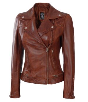 Womens Asymmetrical Cognac Leather Quilted Jacket