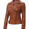 Women Tan Asymmetrical Moto Leather Jacket
