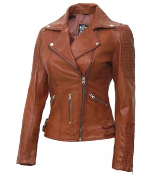 Women Tan Asymmetrical Moto Leather Jacket