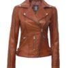 Women Tan Asymmetrical Moto Leather Jacket