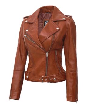 Tan Biker Asymmetrical Ladies Leather Jacket