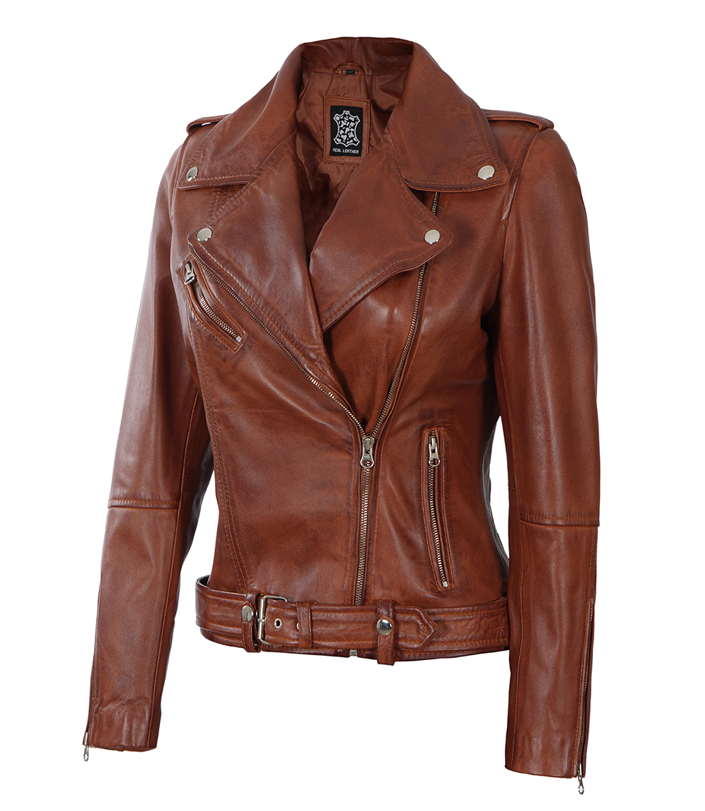 Cognac Biker Asymmetrical Ladies Leather Jacket Cognac Biker Asymmetrical Ladies Leather Jacket
