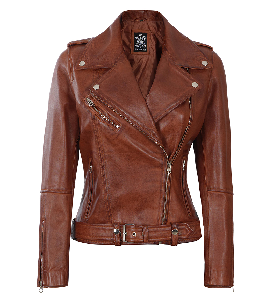 Cognac Biker Asymmetrical Ladies Leather Jacket Cognac Biker Asymmetrical Ladies Leather Jacket