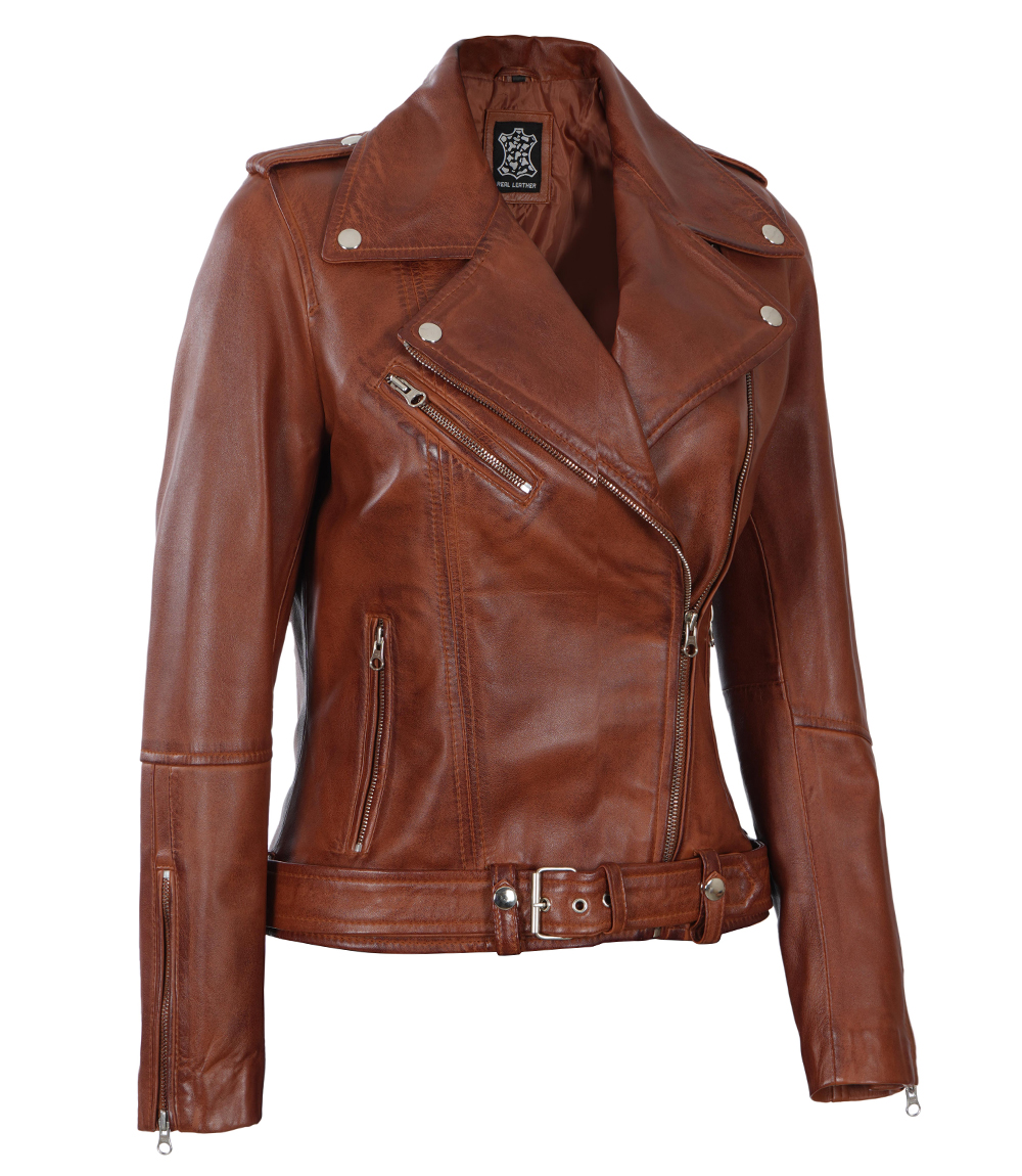 Cognac Biker Asymmetrical Ladies Leather Jacket Cognac Biker Asymmetrical Ladies Leather Jacket