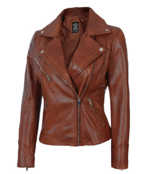 Ninfa Womens Cognac Asymmetrical Leather Jacket