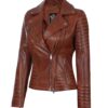 Nicholle Womens Cognac Asymmetrical Biker Leather Jacket