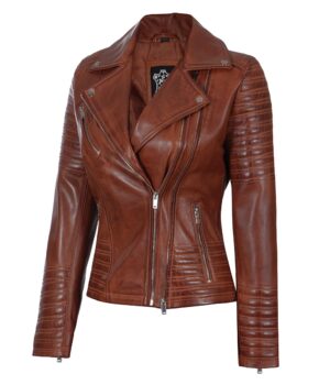 Nicholle Womens Cognac Asymmetrical Biker Leather Jacket